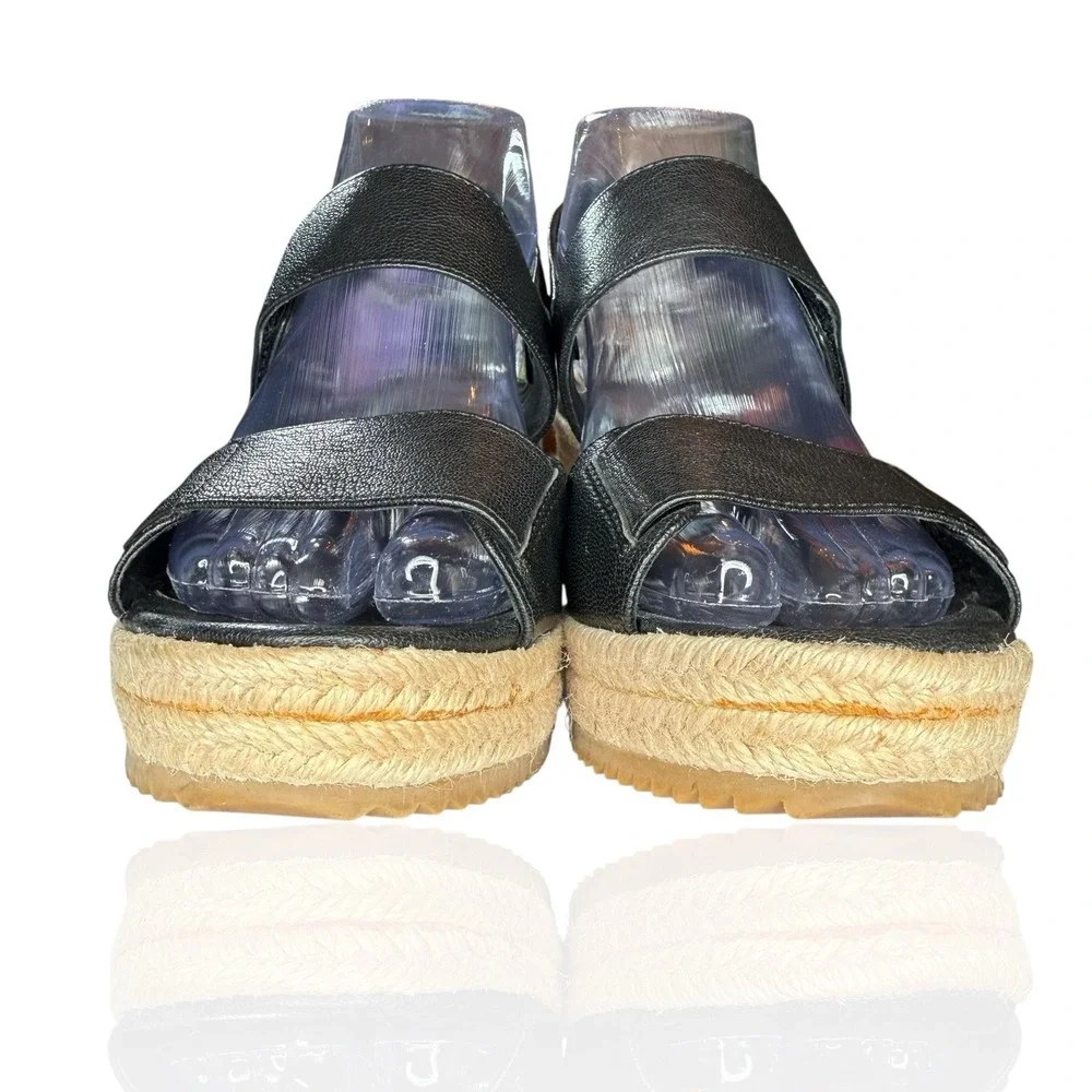 NEW Eileen Fisher 8.5 Winnie Tumbled Black Leather Espadrille Wedge‎ Sandals